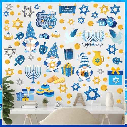 ReliThick 78 Pcs Hanukkah Wall Decals Hanukkah Decor Blue White Gold Menorah Star Gnome Stickers Chanukah Party Decor Jewish Decoration for Living Room Bedroom Nursery Wall Decoration
