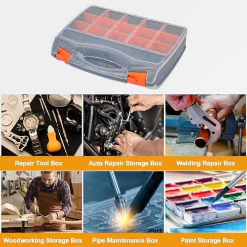 HARFINGTON Double Side Tool Organizer 12.2"x10.2"x3" 30-Compartment Hardware Storage Box with Removable Plastic Dividers for Screws Nuts Nails Bolts