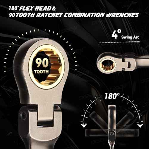 DISEN 9 Pcs 90 Teeth Flex Head Stubby Ratcheting Wrench Set, Metric 8-17 mm, CRV, Nickel Plating Combination Ratchet Wrenches Set with Rolling Pouch