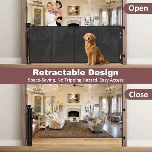 Reinforced 41 Inch Extra Tall Retractable Baby Gates 80" Wide Retractable Dog Gate with Support Rods ? Prevents Crawling Under, Indoor Long Baby Gate Retractable Gate Outdoor Extra Tall Dog Gate/Black