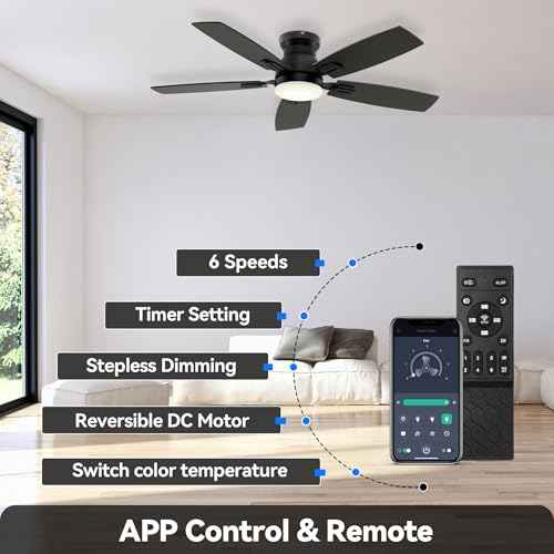 SUNMORY 42" Ceiling Fans with Lights and Remote/APP Control, Low Profile Ceiling Fan with Light, Reversible, Quiet 6 Speeds, Stepless Dimmable, Flush Mount Ceiling fan for Bedroom Indoor/Outdoor Use
