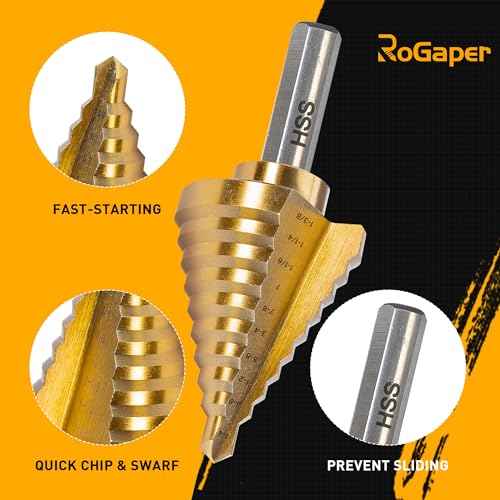 Step Drill Bit Set, 6 Pcs Titanium High Speed Steel Step Drill Bits with Extra Automotive Center Punch for Metal, Wood & Plastic, with Aluminum Case, 50 Sizes