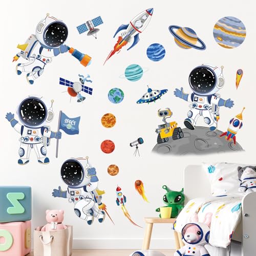 decalmile Outer Space Astronaut Wall Decals Rocket Universe Space Planets Wall Stickers Baby Nursery Boys Bedroom Playroom Wall Decor