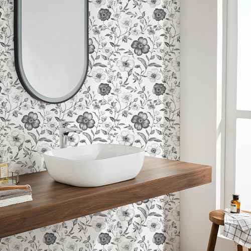 Hand Drawn Floral Contact Paper White and Black Peel and Stick Wallpaper 17.3"x120" Sketch Flower Waterproof Self Adhesive Removable Wall Paper for Countertop Furniture Bedroom