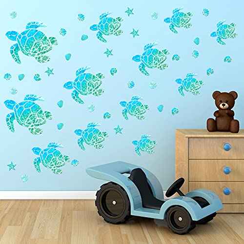 Outus 46 Pieces Sea Turtle Wall Decals Ocean Turtle Vinyl Stickers Underwater Bathroom Decals Starfish Shell Wall Sticker Waterproof Ocean Sticker Decoration for Home Office Nursery Bathroom Toilet