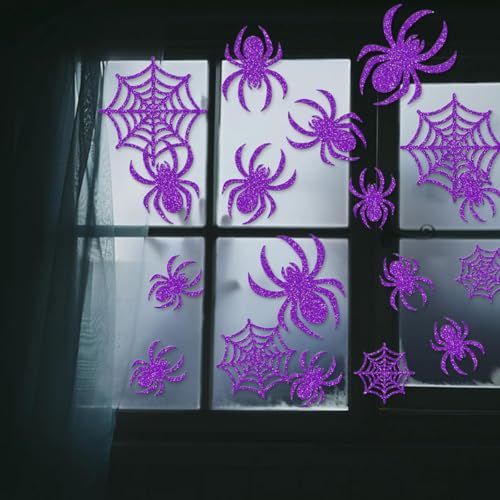 24Pcs Halloween Decorations 3D Spider Scary Wall Decor Stickers Purple Glitter Spider Web Window Decals Spooky Halloween Party Decorations for Indoor Home Room Wall Decoration