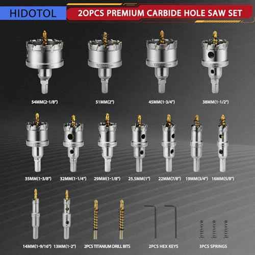 20PC TCT Carbide Hole Saw Kit 1/2" - 2-1/8" Tungsten Carbide Drill Bits Set with Titanium Pilot & L-Wrench, for Hard Metal Stainless Steel, Iron, Aluminum with Aluminium Case.