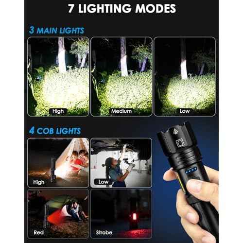 Flashlights High Lumens Rechargeable, 99000 Lumens Bright Flash Light, Powerful LED Flashlights, 15h Runtime, IPX7 Waterproof Flashlights for Home, Camping, 7 Modes