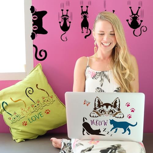 FINGERINSPIRE 5 PCS Peeking Cat Painting Stencil with 1 Pc Paint Brush Reusable 5 Styles Cat Pattern Painting Stencil Animal Cat Stencil for Painting on Wood Floor Wall Furniture DIY Home Decor
