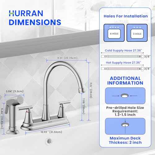 HURRAN 2-Handle Kitchen Faucet with Pull-Out Side Sprayer, 8 Inch High Arch Stainless Steel 360¡ÆRotating Kitchen Sink Faucet, 4 Hole Faucet for Kitchen Bar Rv Camper, Nickel