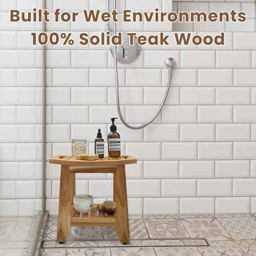 Teak Shower Bench Stool, 14'' Compact Waterproof Wood Spa Bath Bench with Storage Shelf & Handle, Non-Slip Solid Teak Shower Seat Chair for Small Bathrooms Inside Shower and Outdoor Use