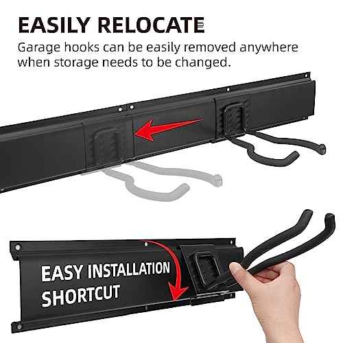 Sinoer Heavy Duty Steel Garage Wall Mount Garden Tool Organizer with 9 Adjustable Metal Hooks and 2 Straps, for Garden Tools, Chairs, Brooms, Mops, Rakes, Shovel