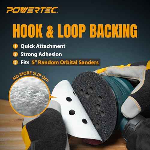 POWERTEC 25PK, 80 Grits, Sanding Discs 5 Inch - Hook and Loop, 5 Inch 8 Hole Aluminum Oxide Sandpaper Discs, Woodworking Sanding Pads for Random Orbital, Palm, Air, DA & Pneumatic Sander (45008)