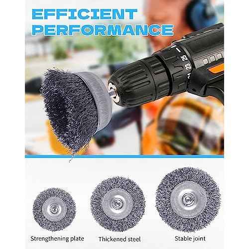 Rocaris 7-Pack Carbon Steel Wire Wheel Brush Set - Cup, Wheel, Pen Brushes with 1/4-Inch Round Shank for Rust Removal, Corrosion and Scrubbing Surfaces