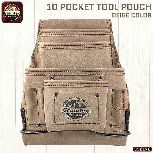 Graintex 10 Pocket Nail & Tool Pouch, Beige Color Suede Leather Tool Bag, Tool Belt for Constructors, Electricians, Handymen, HVAC Tools, Professional Organizer with Adjustable Fit - SS2170