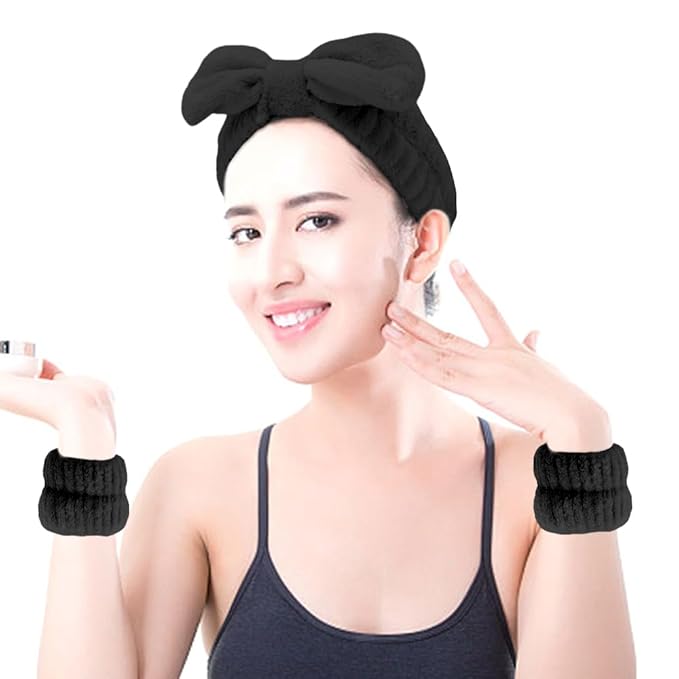 SPA Headbands for Washing Face Makeup Headbands with Bow Hair Band Women Facial Head Band Wrist Towel Wraps For Shower Face Mask Black, 6 Pack