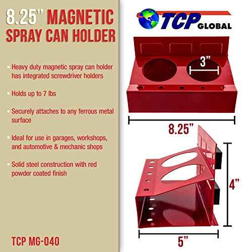 TCP Global Magnetic Spray Can Holder Wall Mount, 2 Aerosol Cans Holder, 5 Screwdriver Tray & Spray Can Organizer, Magnetic Bottle Shelf for Home Workspace and Garage