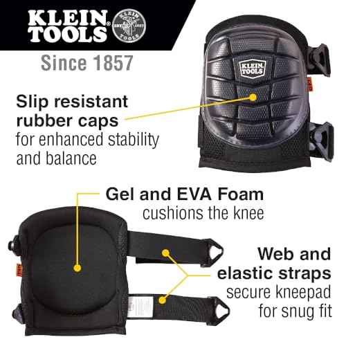 Klein Tools 60184 Knee Pads, Lightweight Gel Knee Pads with Slip Resistant Rubber Caps and Adjustable Straps, Great for Construction, Black