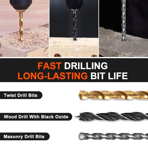 COMOWARE Drill Bit Set, 104Pcs Screwdriver Bits Set with Tough Case, Titanium Twist Drill Bits, Impact Screwdriver Bits, Masonry Drill Bits, Spade Drill Bits, Nutdrivers