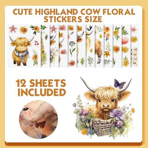 Yinder 12 Sheet 78 Pcs Highland Cow Wall Decals Baby Wall Decals Highland Cow Sticker Cute Nursery Baby Decor for Kids Girls Boys Room Bedroom
