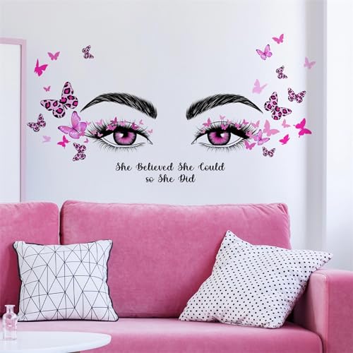 Pink Eyelash Eyes Butterfly Wall Stickers, sacinora Inspirational Quotes Motivational Word DIY Wall Decals Removable Vinyl Peel and Stick for Women Girl Kids Living Room Bedroom Nursery Art Decor