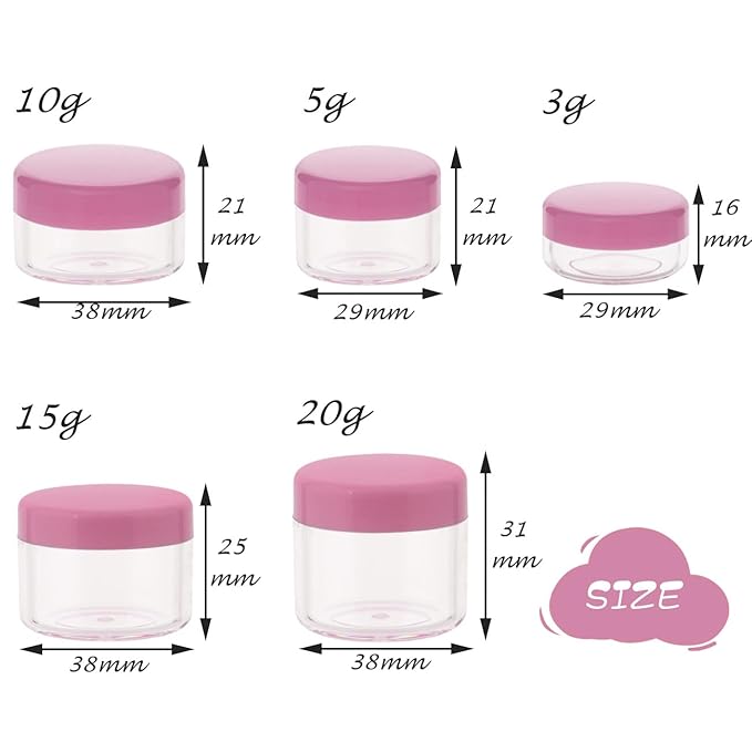 10pcs Small Travel Containers, Pink Sample Containers with Screw Lids, 5 Size 3/5/10/15/20 Gram Sample Jars with 12pcs Labels and 2pcs Mini Disposable Spatula, Makeup Sample Containers BPA Free