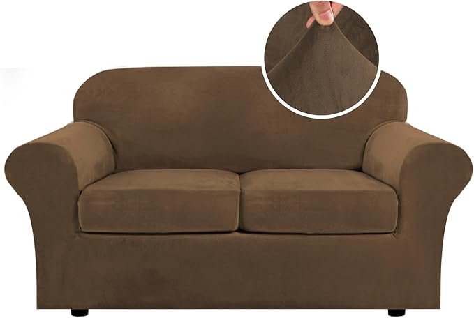 H.VERSAILTEX Real Velvet Plush 3 Piece Stretch Sofa Covers Couch Covers for 2 Cushion Couch Loveseat Covers Width Up to 72 Inch Feature Thick Soft Stay in Place (Medium Sofa, Bronze Brown)