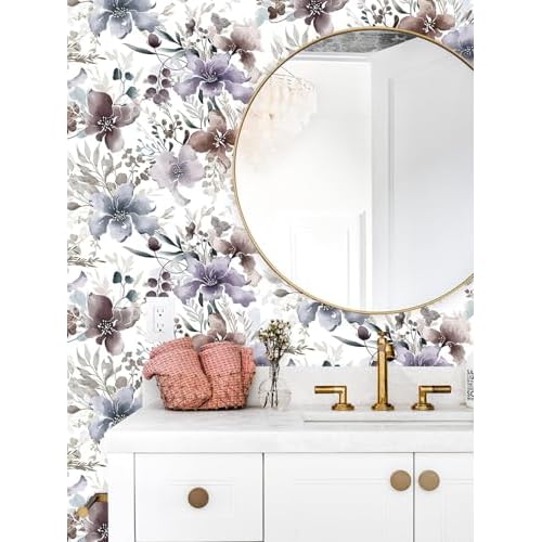 GloryTik Floral Wallpaper Purple Peel and Stick Wallpaper Boho Wall Paper Floral Contact Paper Removable Bathroom wallpapr Self Adhesive Wallpapr for Bedroom Cabinets Decor Vinyl 17.3"X118"