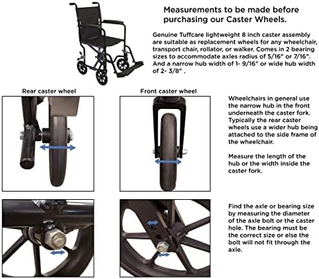 Caster Wheel, Hard Rubber Tire, 8" x 1"- 2 3/8" Hub Width; Fits Most Sunrise, Medline, Drive, Invacare, E&J, Guardian, ALCO & Other Manual Wheelchairs (Black, 5/16" Axle, Wide Hub) One Pair
