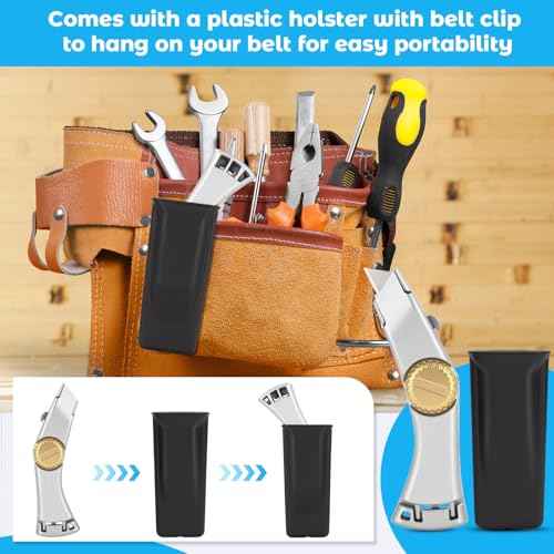 2PCS Silver Retractable Utility Roofing Knife, Heavy Duty Utility Knife for Drywall, Vinyl, Carpet Cutting, Metal Roofing Tools with Portable Storage Sheath, Replacement Blades£¨Upgraded£©