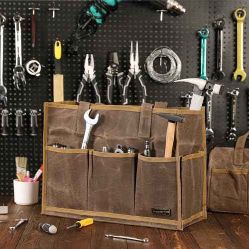 Heavy-Duty Waxed Canvas Tool Pouch - 14-Pocket Garden Tool Organizer with Removable Handle | Multi-Compartment Storage Bag for Tools (16.5" x 12.5" x 6.5", Grey)