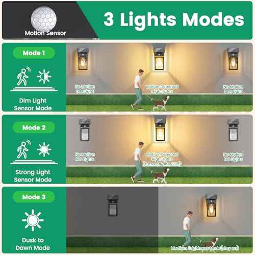 2 Pack Solar Porch Lights Outdoor, Dusk to Dawn & Motion Sensor Wall Light with Lantern Shape, 3 Modes IP65 Waterproof, E26 Bulb Exterior Sconce for Front Porch, Garage, Patio Security