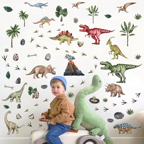 Large Dinosaur Wall Stickers Peel and Stick Dinosaur Footprint Wall Decals Tropical Leaf Palm Tree Wall Stickers Dino Feet Colorful Dinosaurs Wall Decals for Boys Room Bedroom Nursery