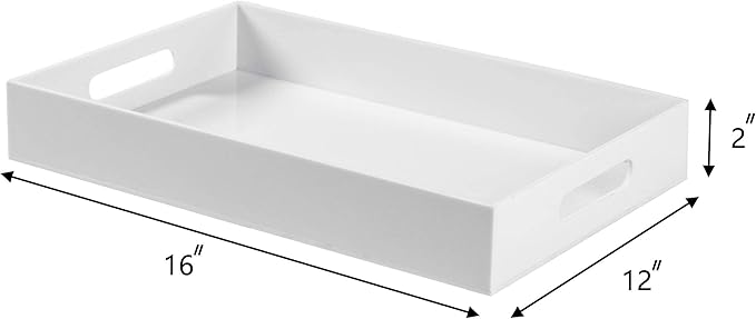 Sooyee Serving Tray with Handles, 16" x 12" Decorative Acrylic Tray for Breakfast, Tea, Food, Butler, Coffee Table, Ottoman, Vanity, Countertop, White