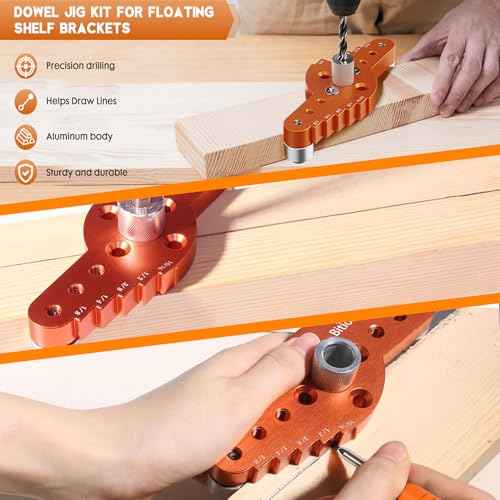 Dowel Jig Kit for Floating Shelf Bracket(& 1/2" x 11.8" Drill Bit), Self-Centering Scriber(& 1/4", 5/16", 3/8" Drill Bit),Drill Guide for Hidden Shelf Brackets & Mantels,Centering Hole Drill(Orange)