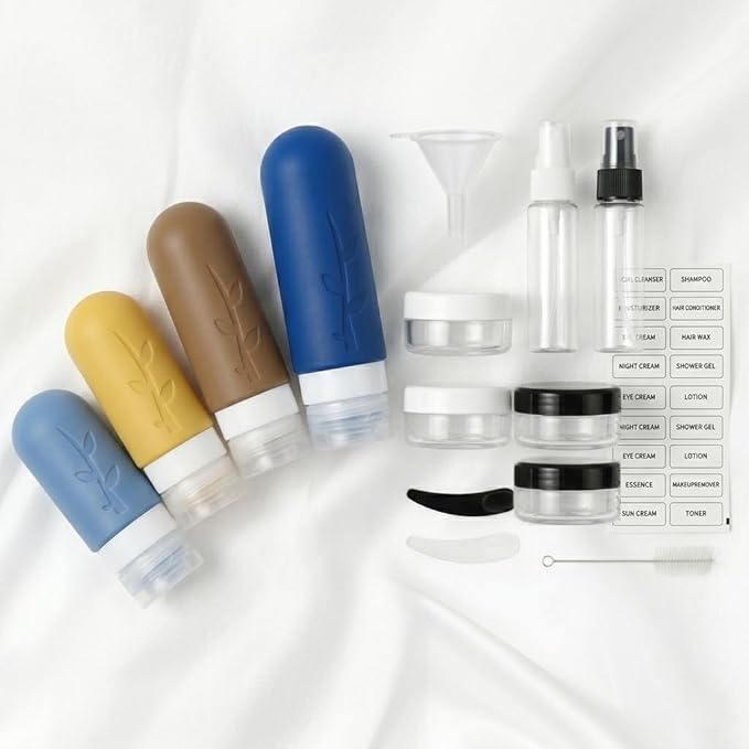 Travel Bottles Kit (16 Pack) - TSA Approved, Leak Proof Silicone Squeezable Containers for Toiletries. Complete Set with Jars, Sprayers & Bag (Dark blue)