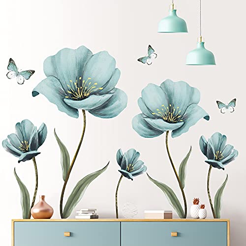 Dreamy Blue Flower Wall Stickers Creative Painted Butterflies Wall Decals Romantic Painting Art Decor Vinyl Removable Peel and Stick for Living Room Nursery Bedroom Office Bathroom Wall Decoration