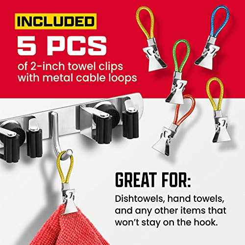 2 Pack Mop and Broom Holder Wall Mount ? Self-Adhesive Stainless Steel broom hanger organizer ? 4 Clamps, 3 Hooks ? Holds Up to 40 Lbs