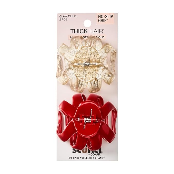 Scunci by Conair jaw claw clip set - hair accessories for women - claw clips for thick hair - Valentines Day - gifts for her - Gold Glitter and Red - 2 Count