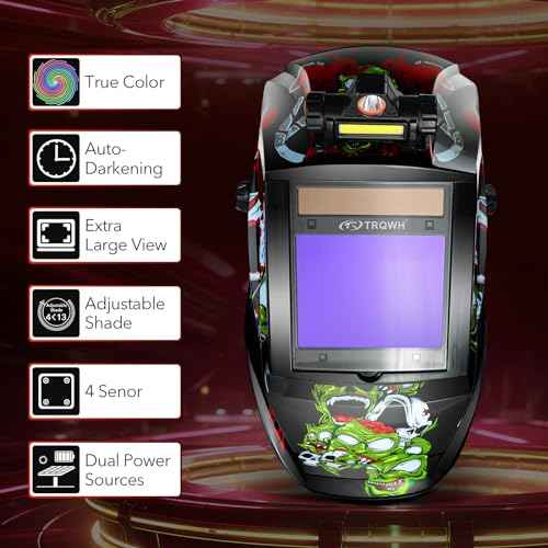 TRQWH Welding Helmet Auto Darkening Large Viewing True Color Solar Powered Welding Mask with 4 Arc Sensor Adjustable Wide Shade Range 4~5-8/9-13 Welder Mask with Grinding