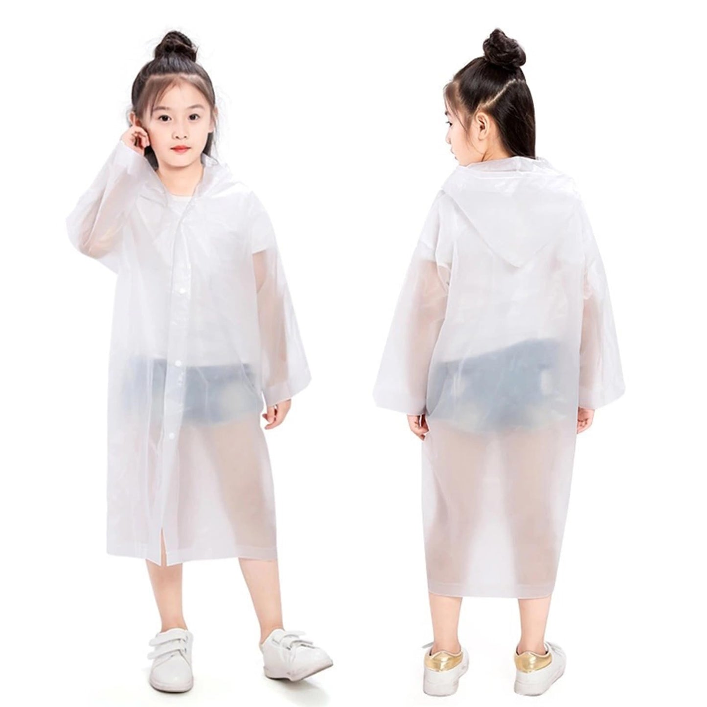 AIDEGER EVA Rain Ponchos for Kids, 2 Pack Reusable Raincoats with Hoods and Sleeves Lightweight Rain Jacket (White-2Pack)