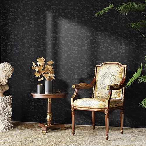 CRE8TIVE Black Wallpaper Peel and Stick Textured Embossed Silk Wallpaper 12"x80" Self Adhesive Black Contact Paper for Cabinets Waterproof Vinyl Roll Branch Leaf Removable Wall Paper for Bathroom Wall