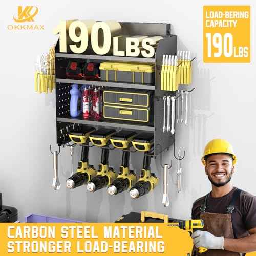 Drill Holder Wall Mount with 8-Outlet Charging Station, 190lbs Load 4 Layers Carbon Steel Heavy Duty Power Tool Organizer Wall Mount for Garage & Workshop, 4 Drill Holders, Modular Pegboard Rack