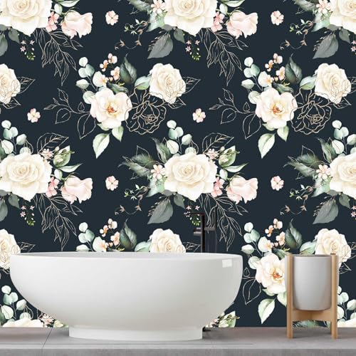 Floral Wallpaper Paper Peel and Stick Contact Paper Removable Black Gold Leaf Easy Peel Off Vinyl Wallpaper Self Adhesive for Bedroom Living Room 17.7 in x 6.6 ft