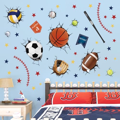 decalmile 3D Sports Balls Wall Decals Basketball Football Soccer Tennis Wall Stickers Boys Bedroom Kids Room Playroom Wall Decor