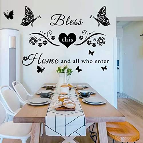 Vinyl Wall Stickers Quotes Art Decal Sticker Bless This Home and All Who Enter Wall Decals Flowers Butterfly Wall Decor Sticker for Entryway Living Room Home Decor