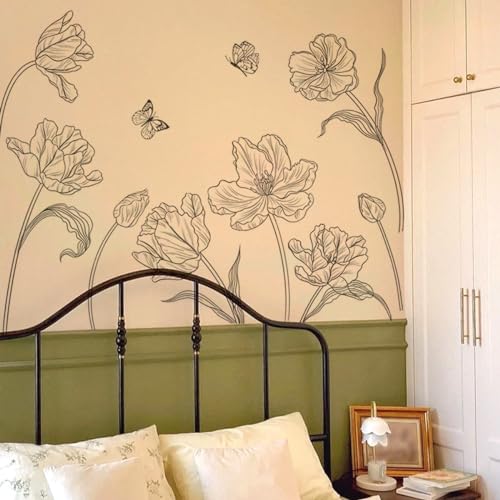 Creative 3D Black Flower Wall Decals Boho 8 Tulip Flowers Wall Stickers DIY Peel and Stick Sketch Simple Line Garden Floral Plants Wall Decor for Kids Girls Bedroom Living Room Nursery Decoration