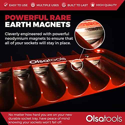 Olsa Tools Magnetic Portable Socket Organizer Tray - 3/8-Inch Drive - Red Holder for Deep & Shallow Sockets - Fits up to 1" SAE or 24mm Metric - Quality Tool Organizer for Professionals - Part 1076