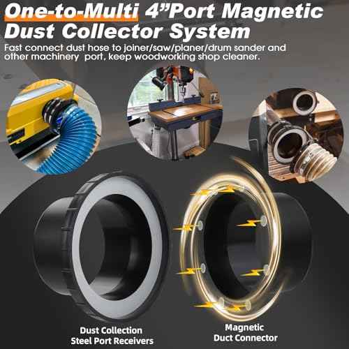 Magnetic Dust Collector System for 4" Shop Vacuums Dust Hose,One-to-Multi Magnetic Dust Collection Starter Kit for Woodwork w/1PK Mag Port Connector+3Set 4¡± Couplers,Hookup Drum Sander Jointer Planer