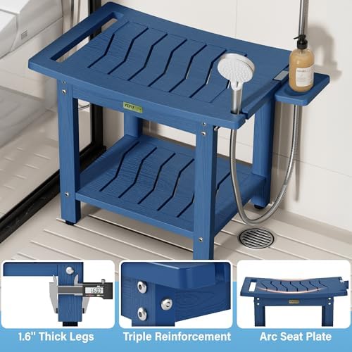 YEFU Shower Chair for Inside Shower: 21" Oversized Non-Slip Waterproof No Maintenance 500LBS Weight Capacity - Shower Bench/Stool with Shelf Handle for Bathroom/Outdoor - Easy Assemble for Adult/Navy